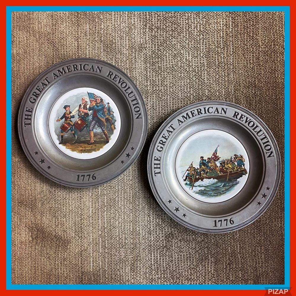 AMERICAN REVOLUTION PEWTER PLATE SET OF TWO W/PORCELAIN CENTER - DAR